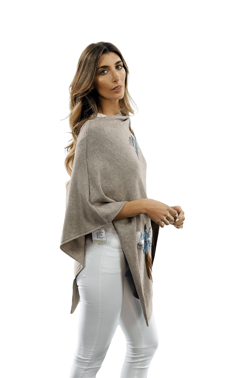 Poncho with Embroidered Phoenix - Oatmeal - Poncho - La Fiorentina B40-PHOENIX