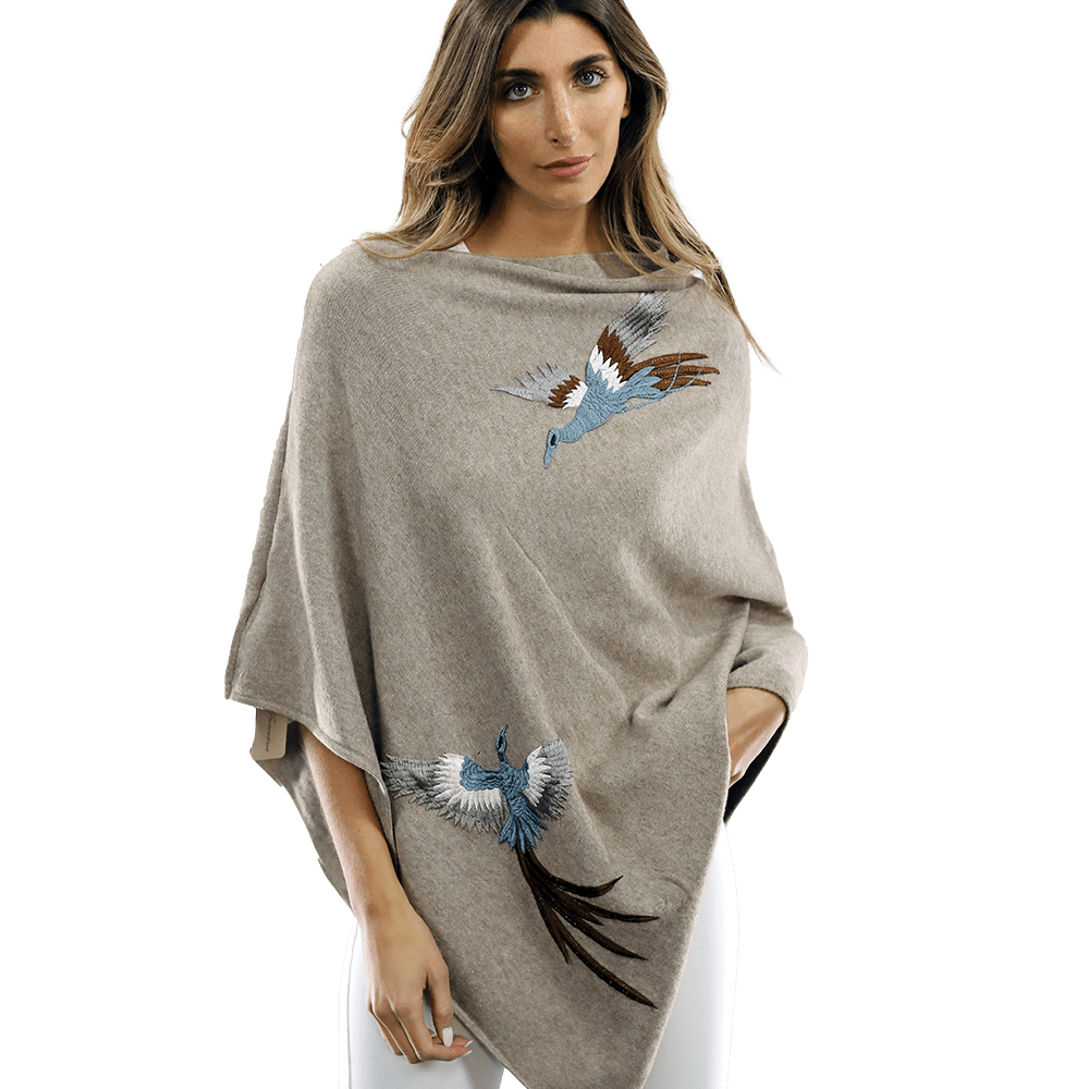 Poncho with Embroidered Phoenix - Oatmeal - Poncho - La Fiorentina B40-PHOENIX