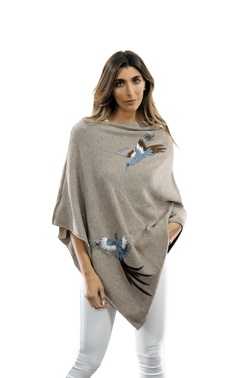 Poncho with Embroidered Phoenix - Oatmeal - Poncho - La Fiorentina B40-PHOENIX