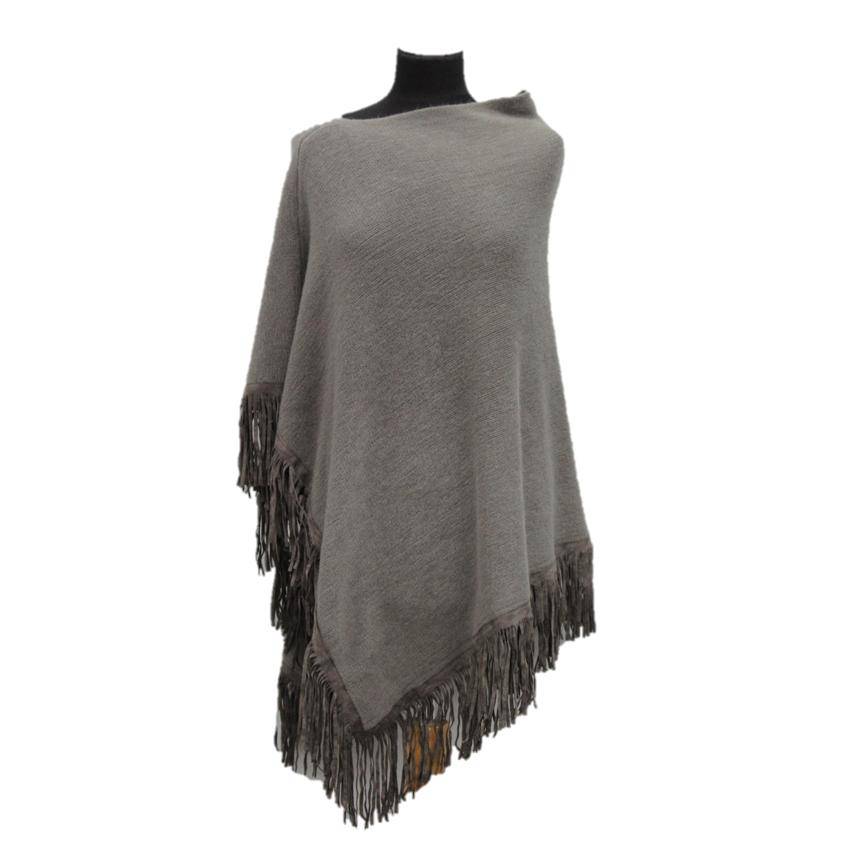 Poncho With Fringe - Grey - Poncho - La Fiorentina Tina-57