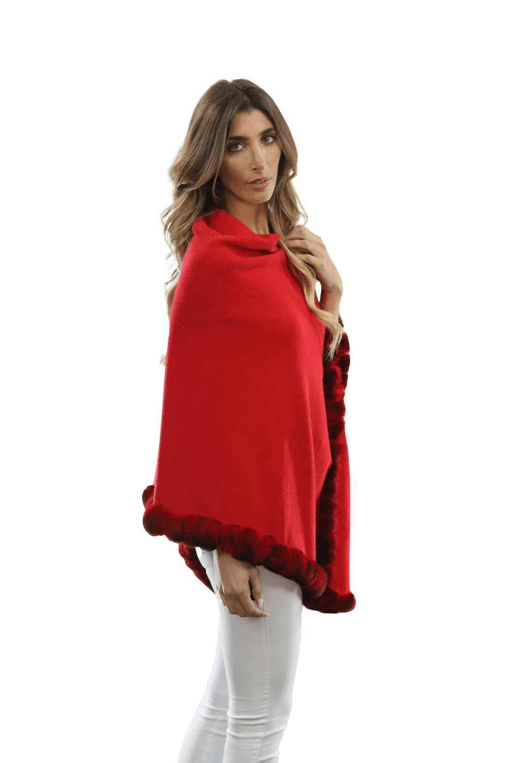 Poncho with Fur Trim - Red -  - La Fiorentina B40-RF