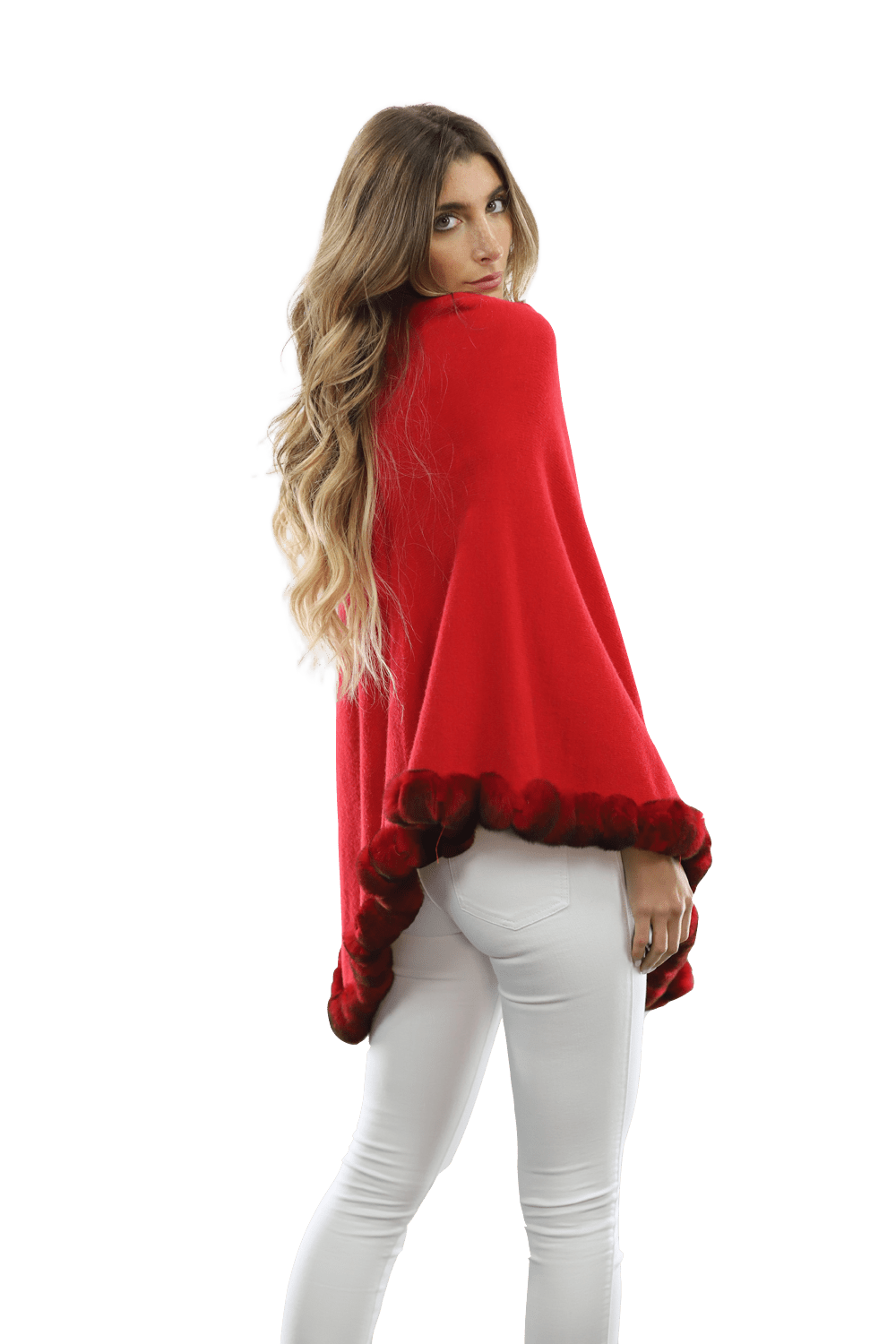 Poncho with Fur Trim - Red -  - La Fiorentina B40-RF