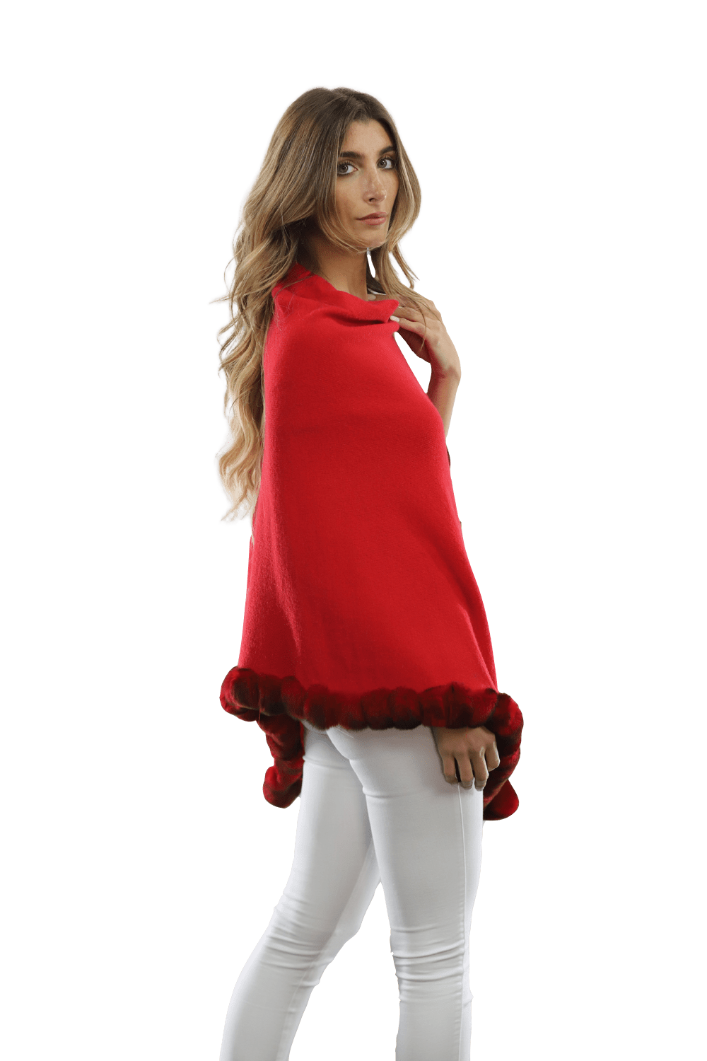 Poncho with Fur Trim - Red -  - La Fiorentina B40-RF