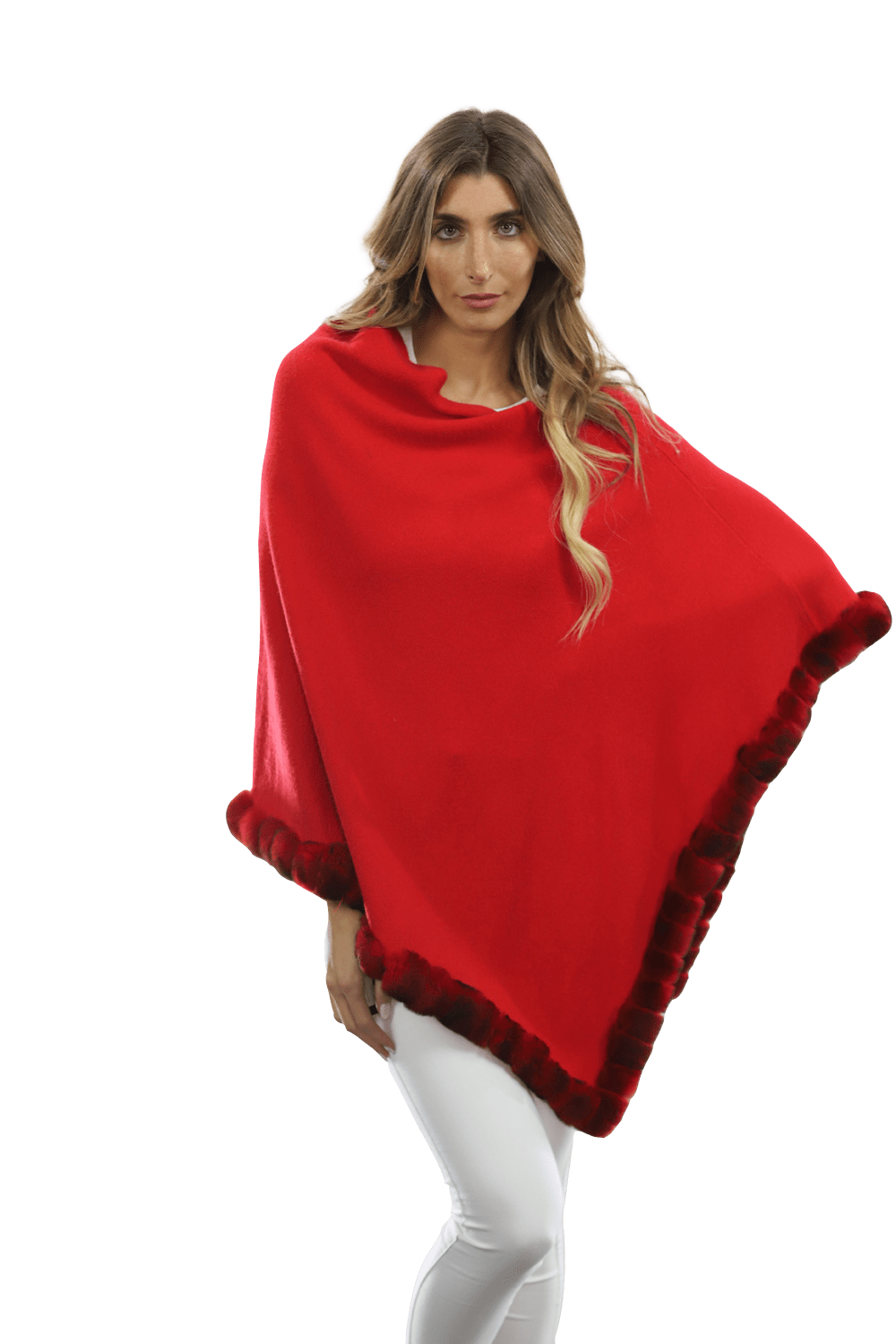 Poncho with Fur Trim - Red -  - La Fiorentina B40-RF