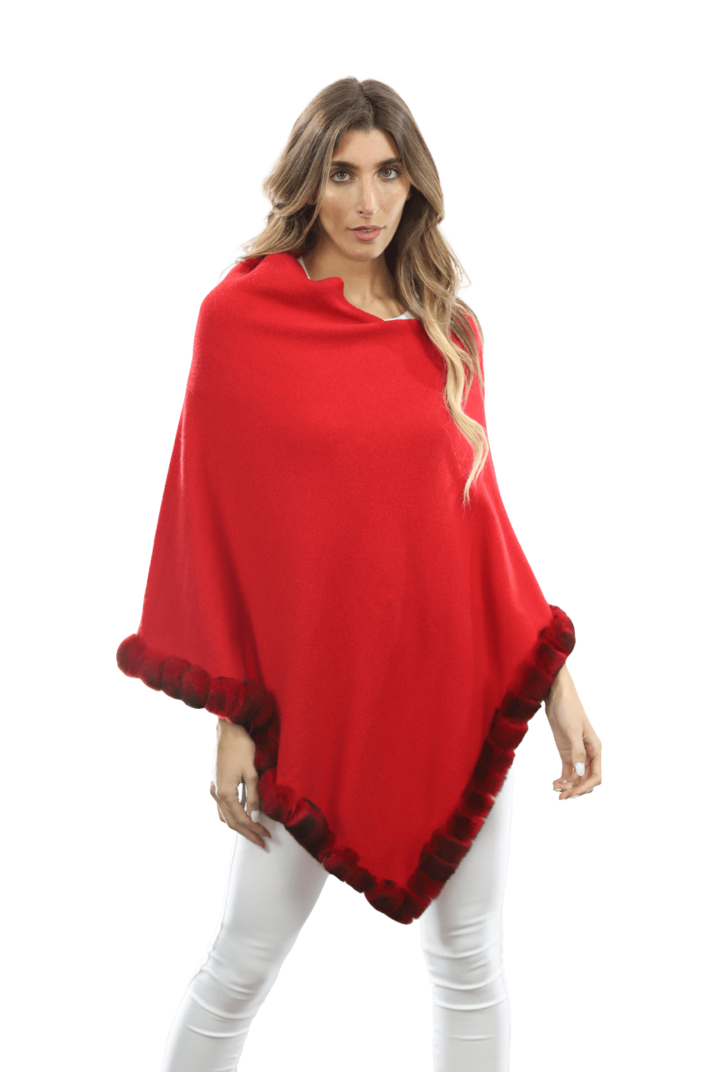 Poncho with Fur Trim - Red -  - La Fiorentina B40-RF