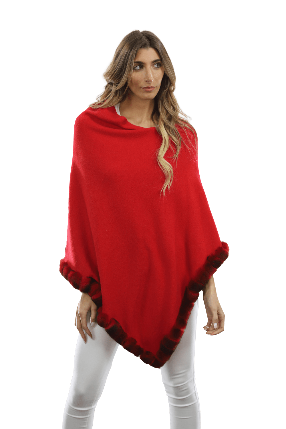 Poncho with Fur Trim - Red -  - La Fiorentina B40-RF