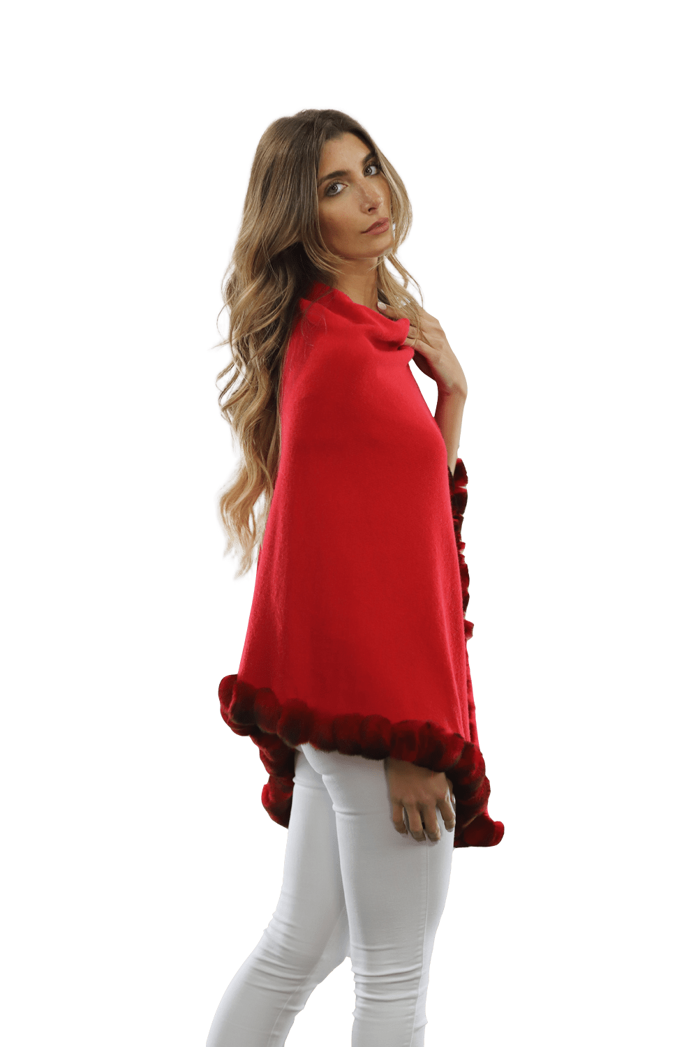 Poncho with Fur Trim - Red -  - La Fiorentina B40-RF