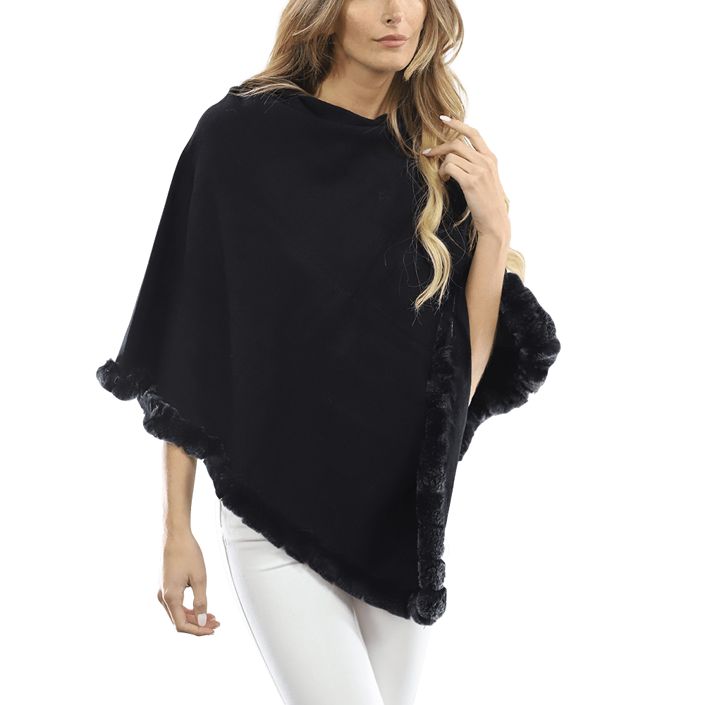 Poncho with Rex Rabbit Trim- Black - Poncho - La Fiorentina B40-RF