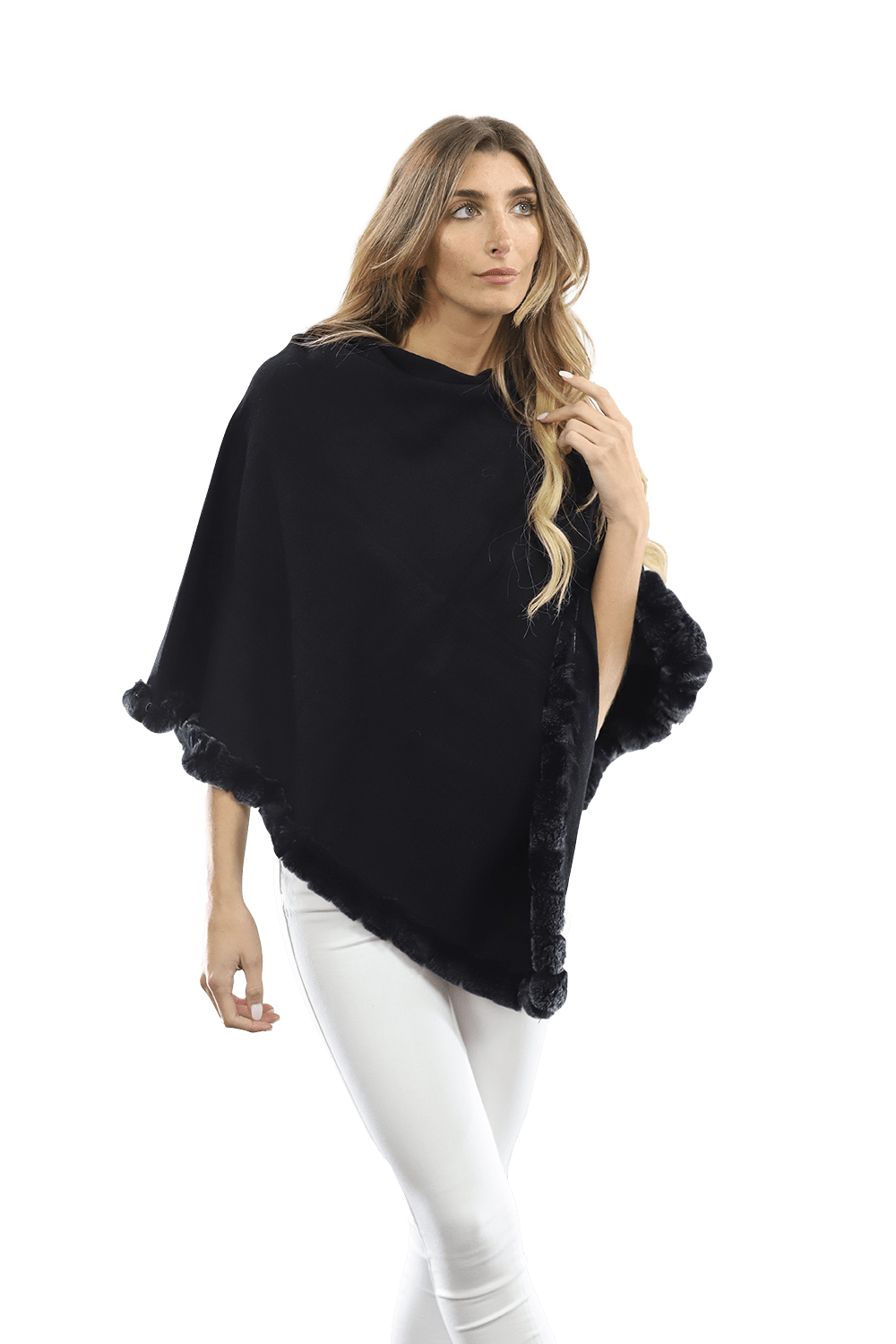 Poncho with Rex Rabbit Trim- Black - Poncho - La Fiorentina B40-RF