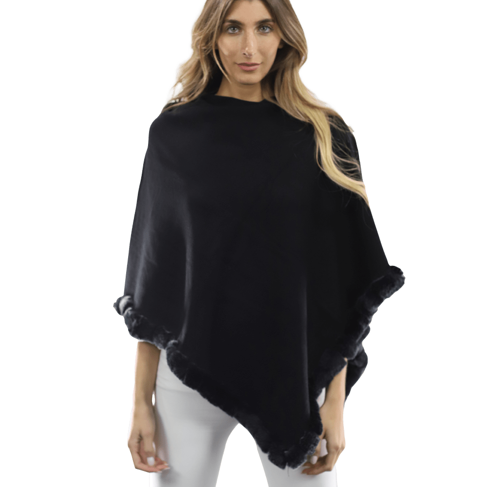Poncho with Rex Rabbit Trim- Black - Poncho - La Fiorentina B40-RF