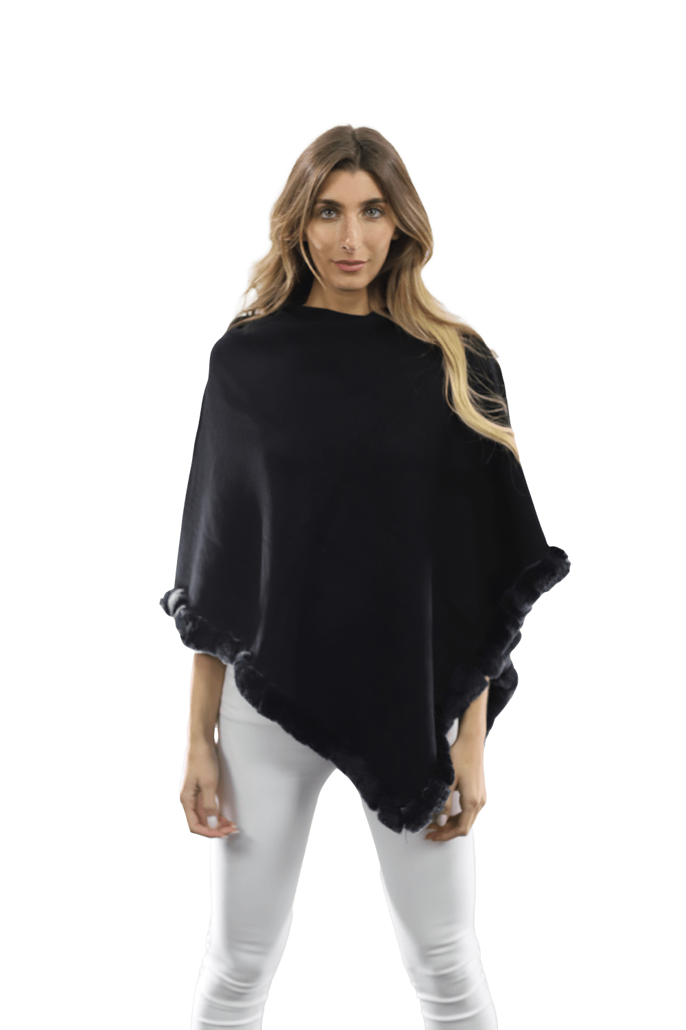 Poncho with Rex Rabbit Trim- Black - Poncho - La Fiorentina B40-RF