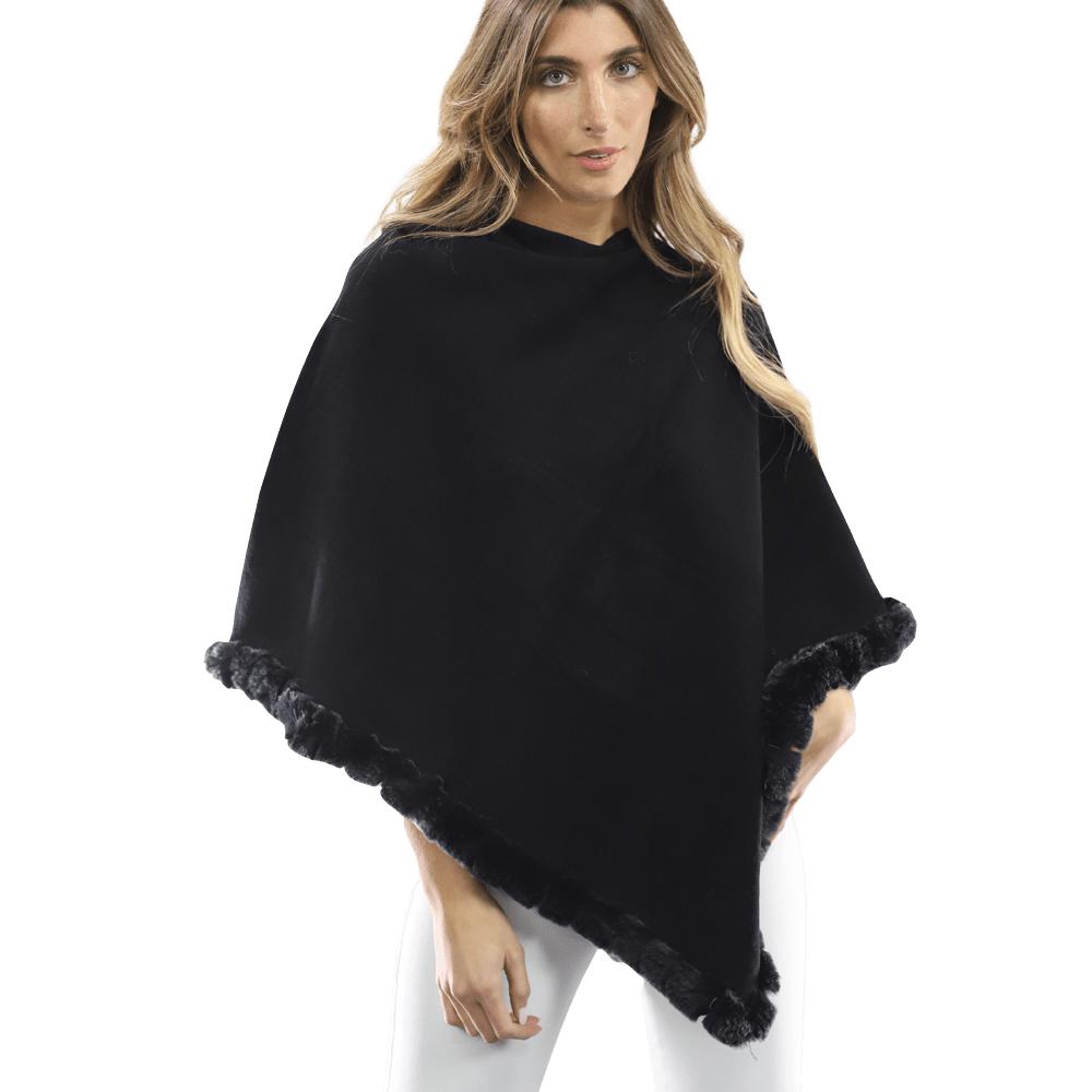 Poncho with Rex Rabbit Trim- Black - Poncho - La Fiorentina B40-RF