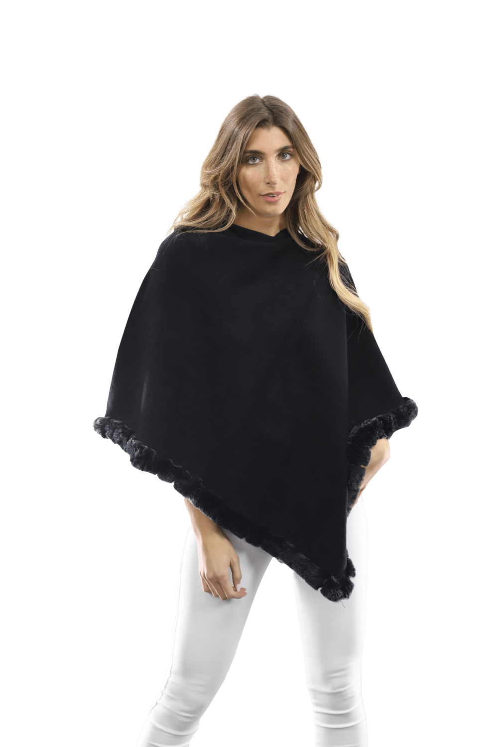 Poncho with Rex Rabbit Trim- Black - Poncho - La Fiorentina B40-RF