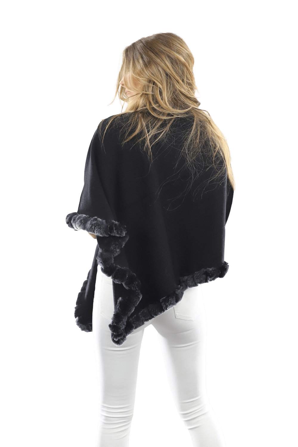 Poncho with Rex Rabbit Trim- Black - Poncho - La Fiorentina B40-RF