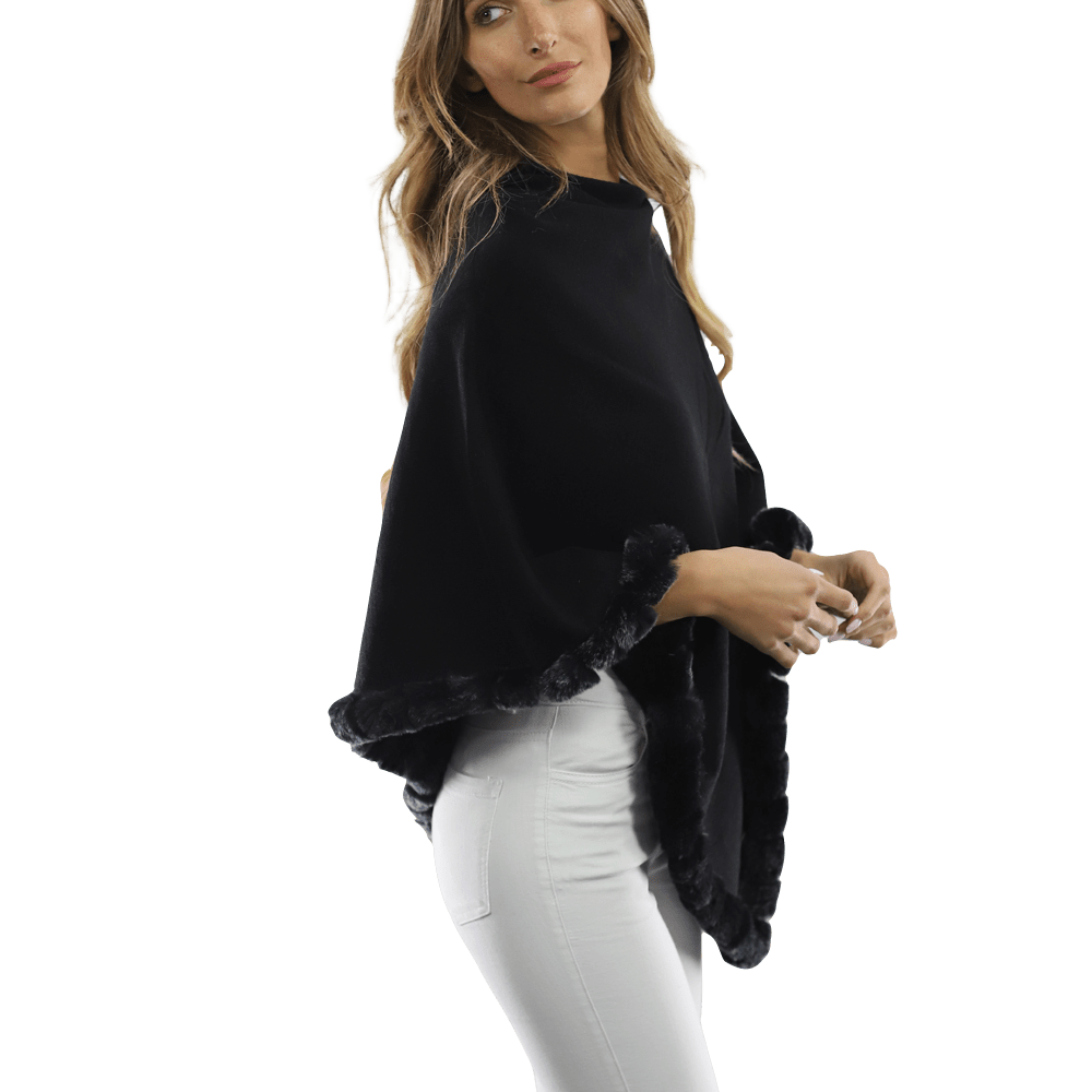 Poncho with Rex Rabbit Trim- Black - Poncho - La Fiorentina B40-RF