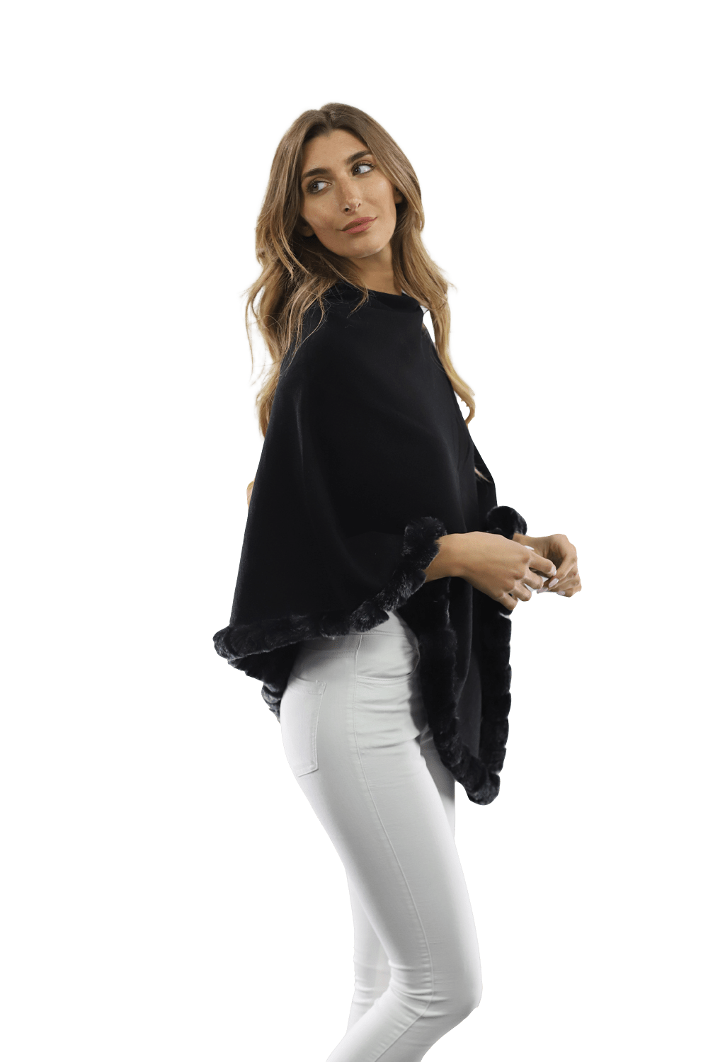 Poncho with Rex Rabbit Trim- Black - Poncho - La Fiorentina B40-RF