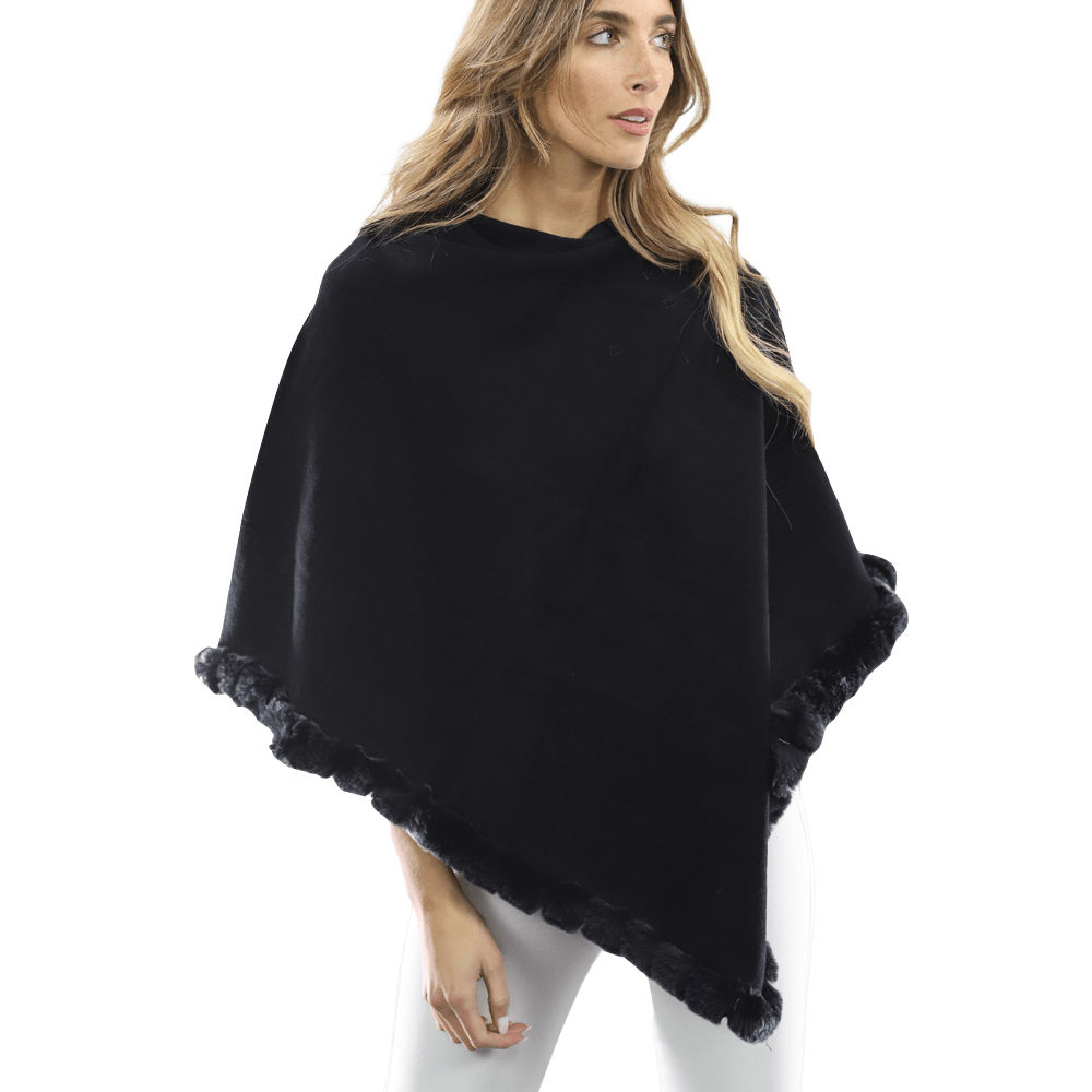 Poncho with Rex Rabbit Trim- Black - Poncho - La Fiorentina B40-RF