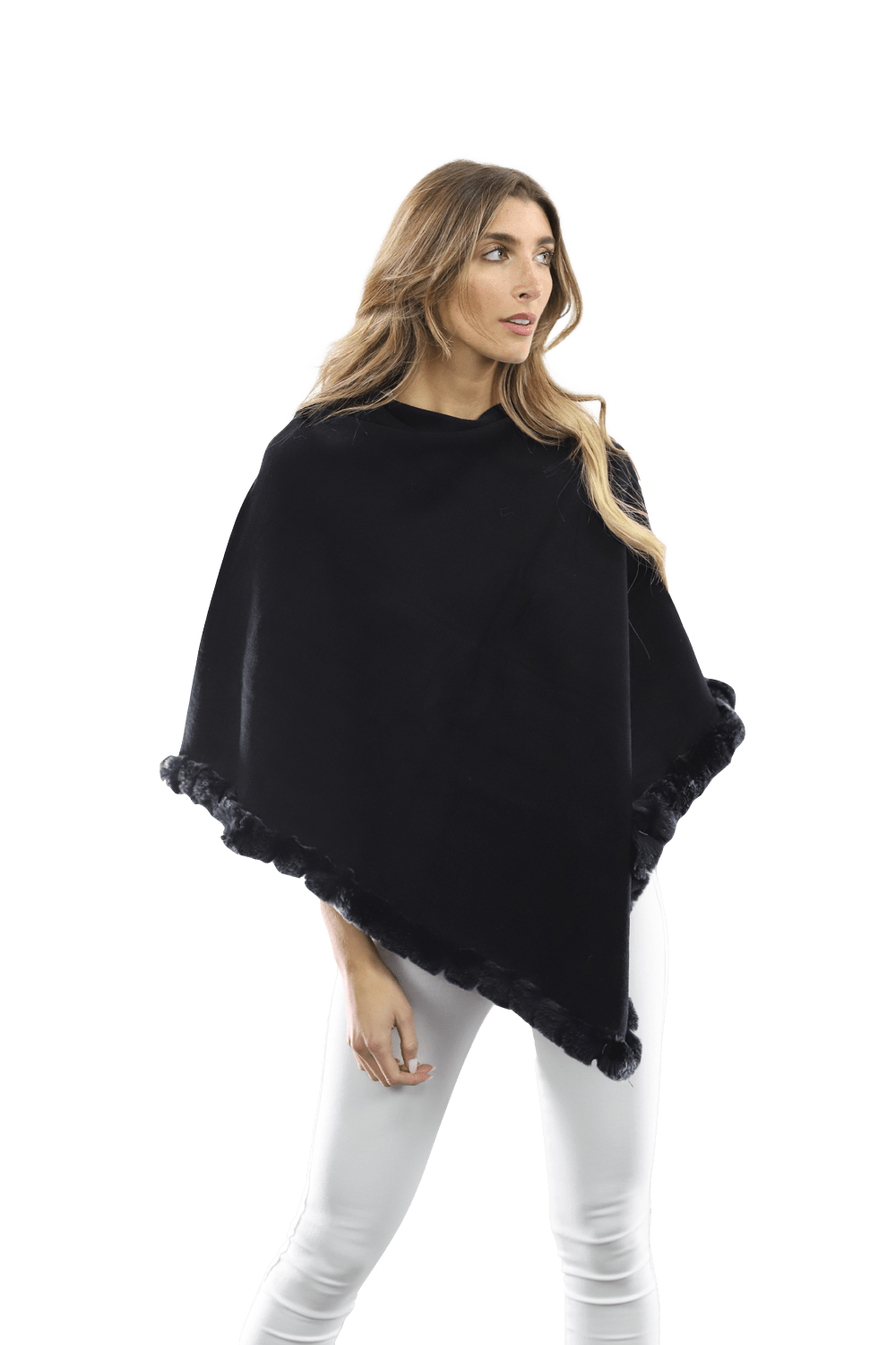 Poncho with Rex Rabbit Trim- Black - Poncho - La Fiorentina B40-RF
