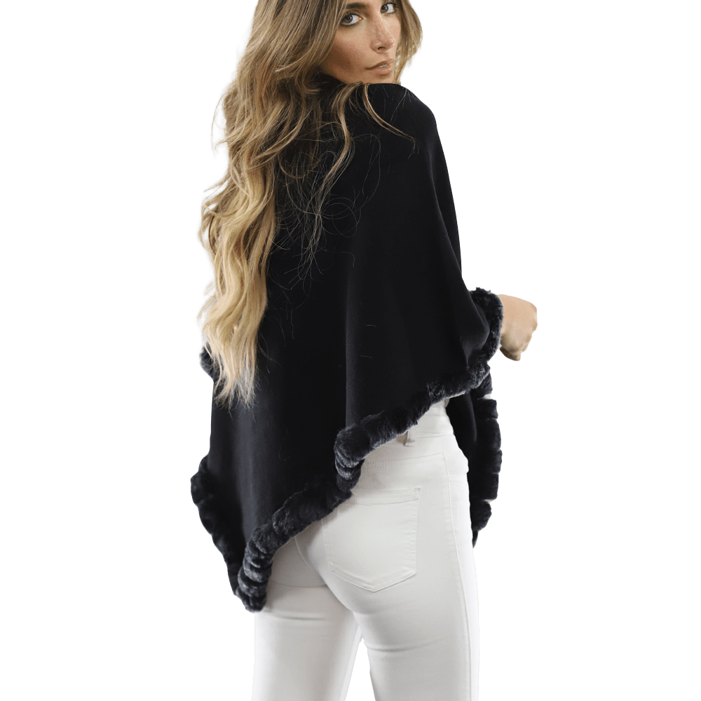 Poncho with Rex Rabbit Trim- Black - Poncho - La Fiorentina B40-RF