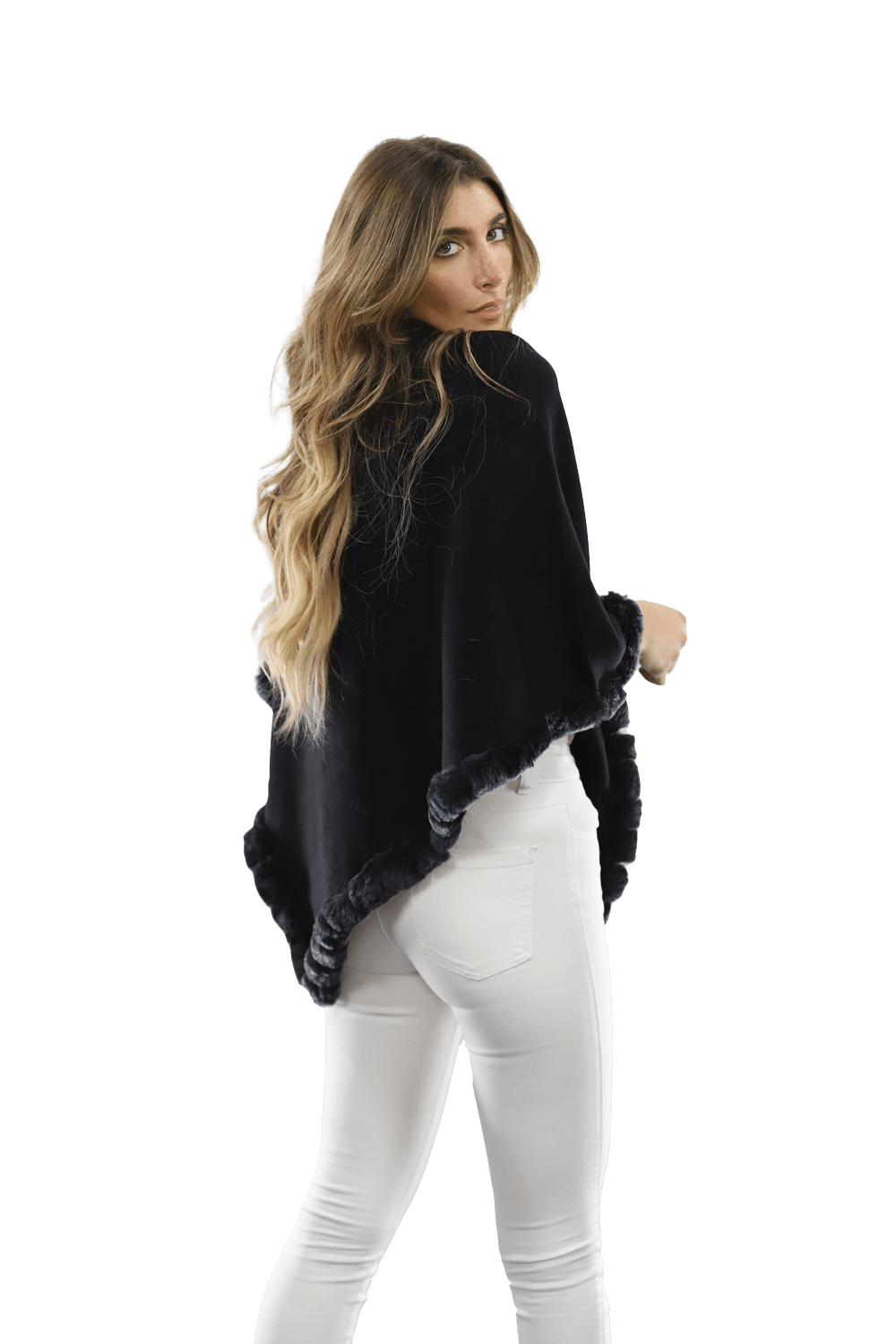 Poncho with Rex Rabbit Trim- Black - Poncho - La Fiorentina B40-RF