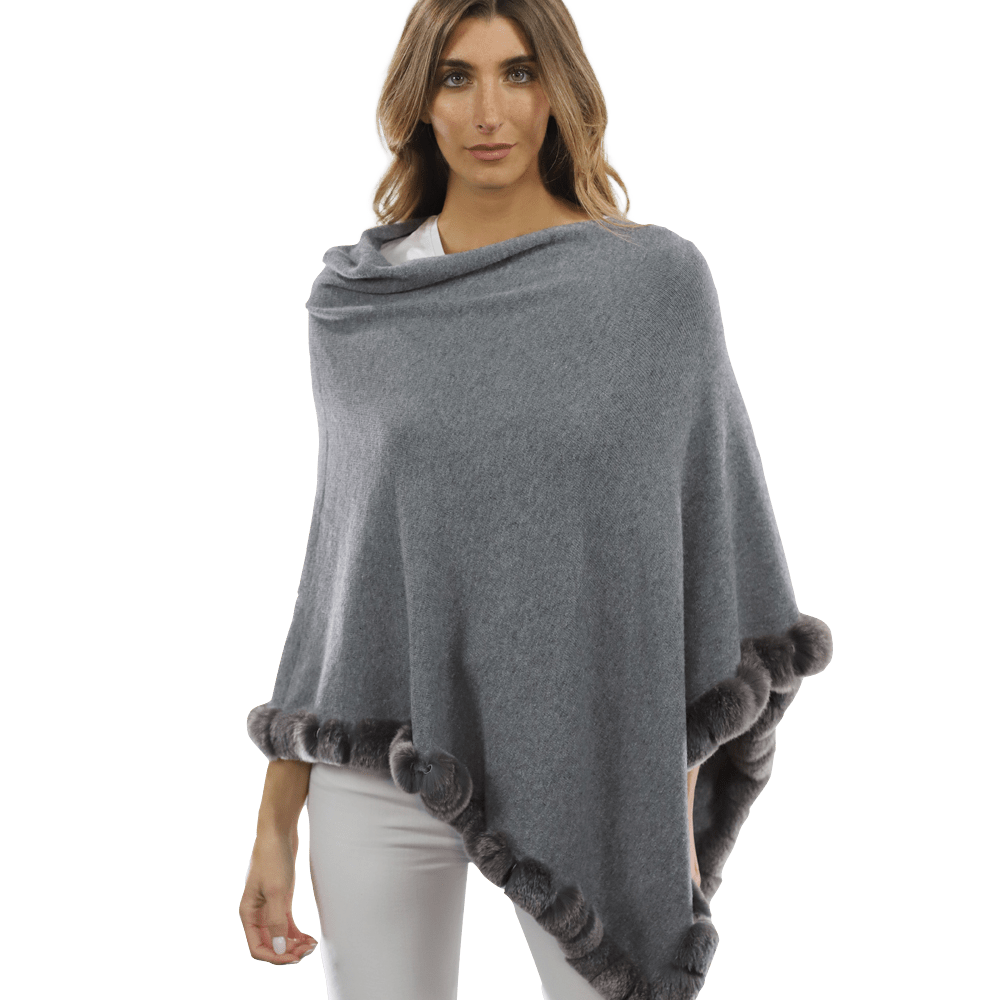 Poncho with Rex Rabbit Trim - Grey - Poncho - La Fiorentina B40-RF