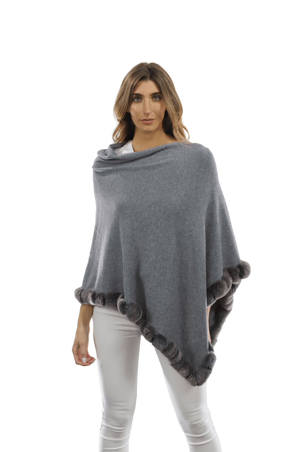 Poncho with Rex Rabbit Trim - Grey - Poncho - La Fiorentina B40-RF