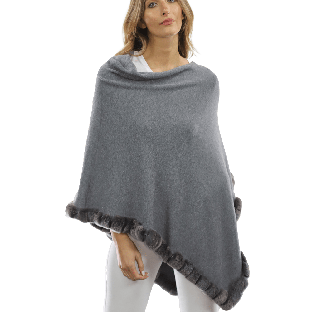 Poncho with Rex Rabbit Trim - Grey - Poncho - La Fiorentina B40-RF