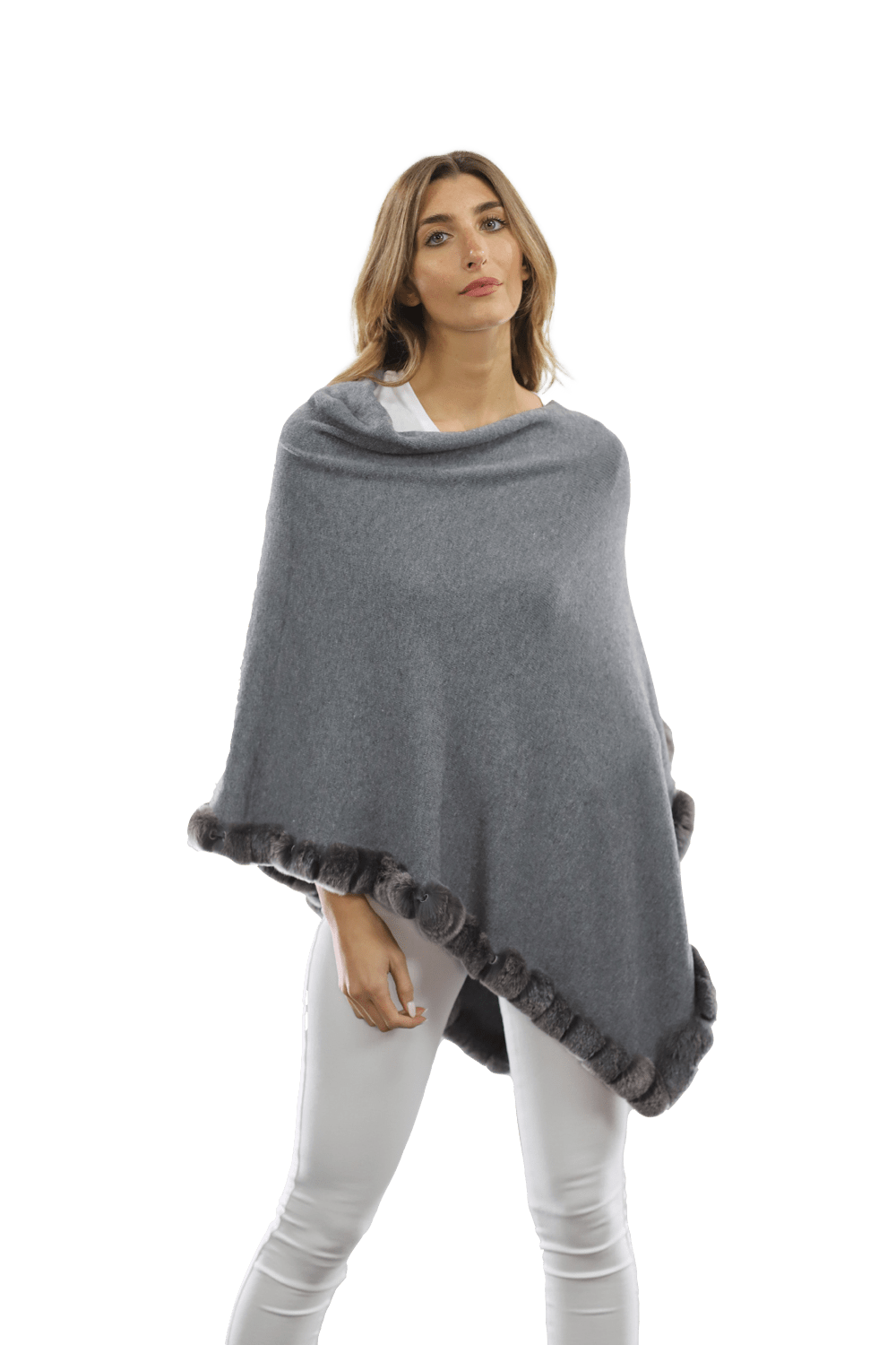Poncho with Rex Rabbit Trim - Grey - Poncho - La Fiorentina B40-RF