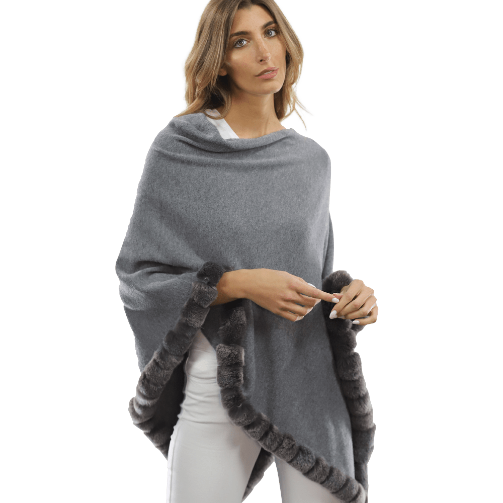 Poncho with Rex Rabbit Trim - Grey - Poncho - La Fiorentina B40-RF