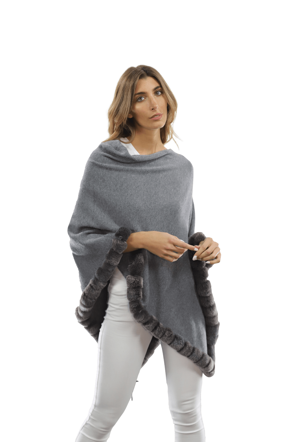 Poncho with Rex Rabbit Trim - Grey - Poncho - La Fiorentina B40-RF