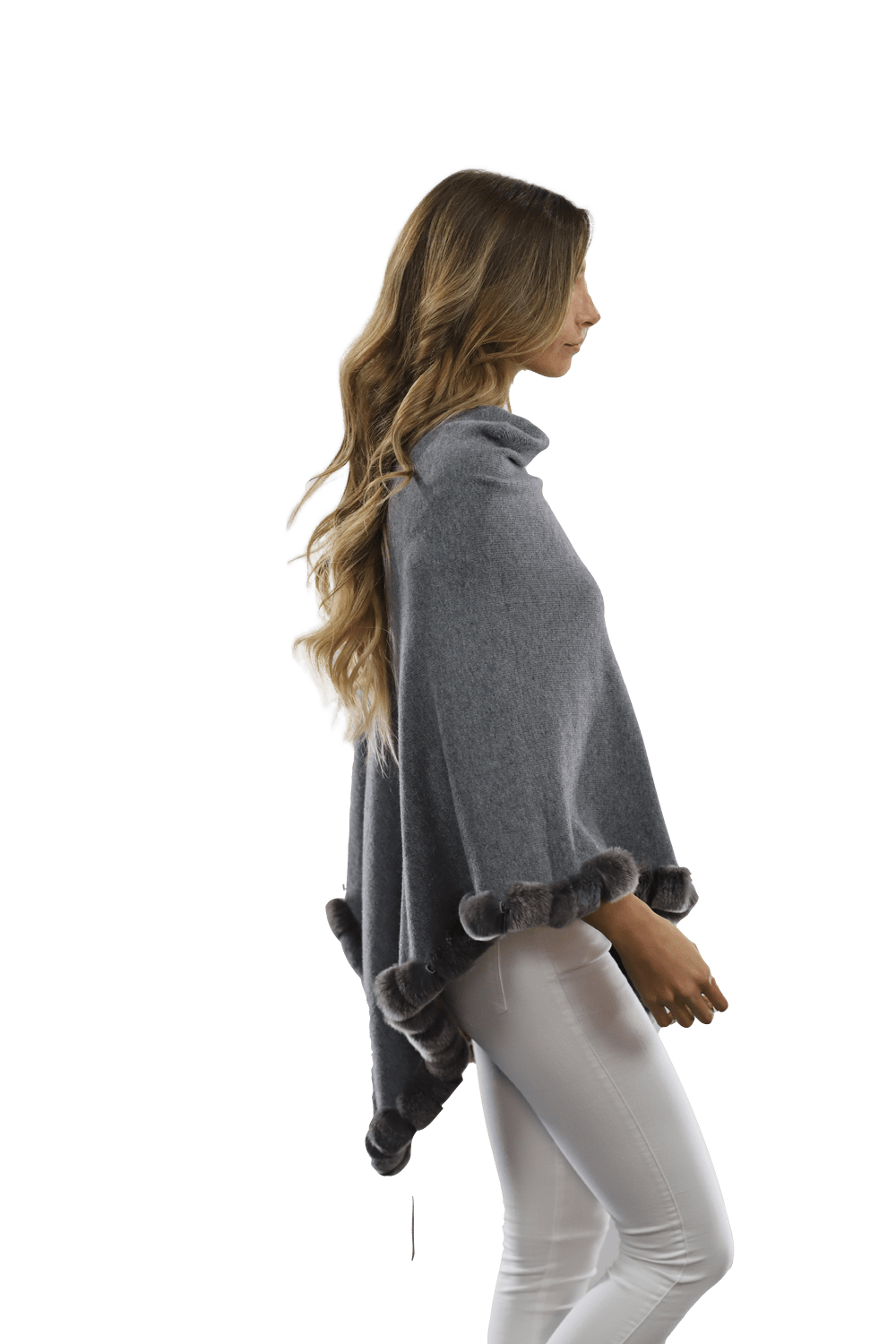 Poncho with Rex Rabbit Trim - Grey - Poncho - La Fiorentina B40-RF
