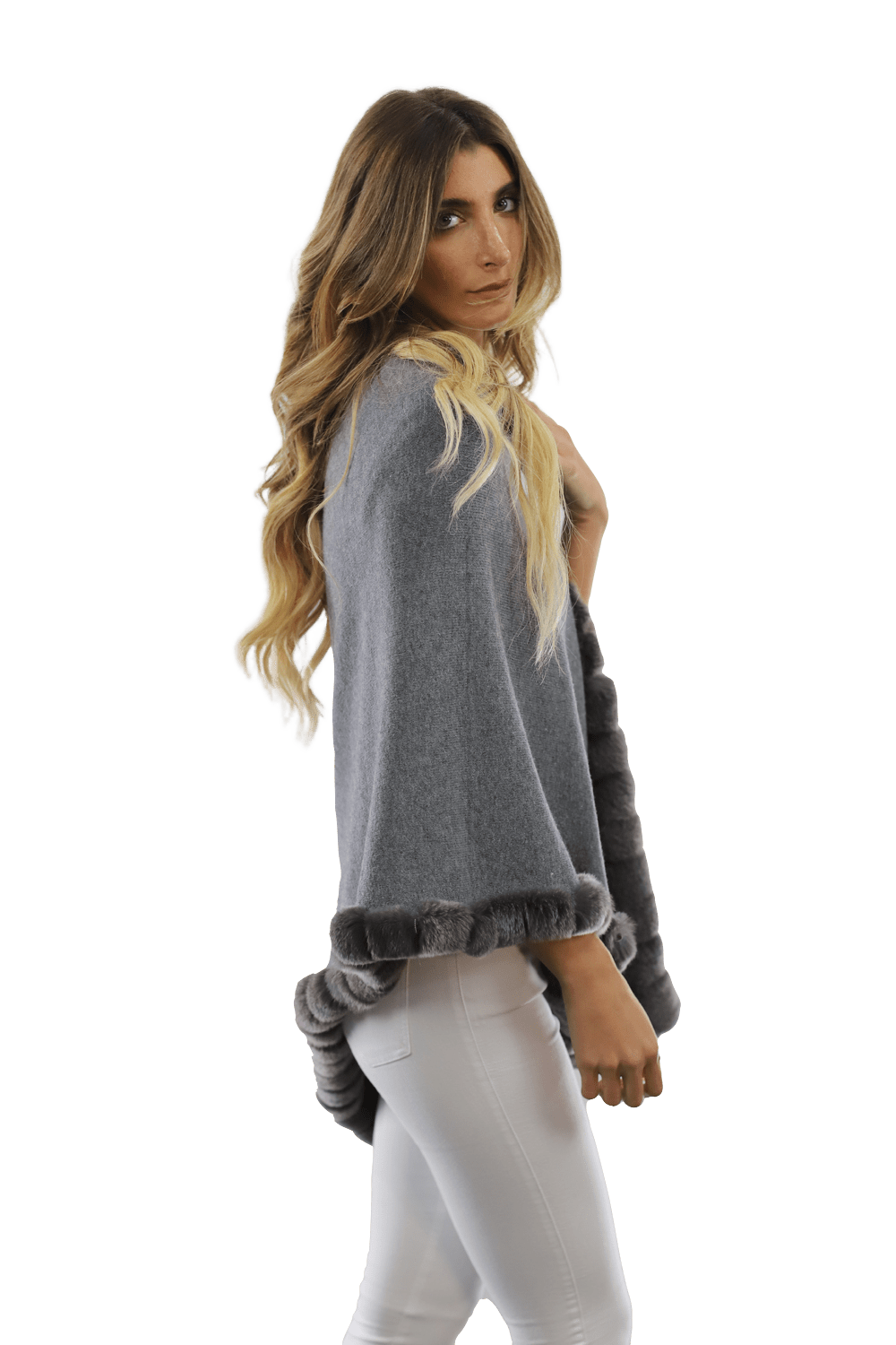 Poncho with Rex Rabbit Trim - Grey - Poncho - La Fiorentina B40-RF