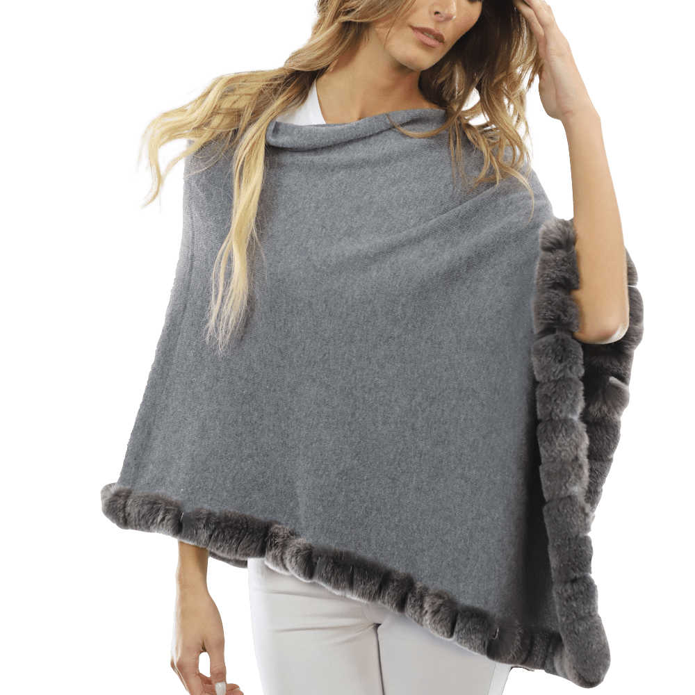 Poncho with Rex Rabbit Trim - Grey - Poncho - La Fiorentina B40-RF