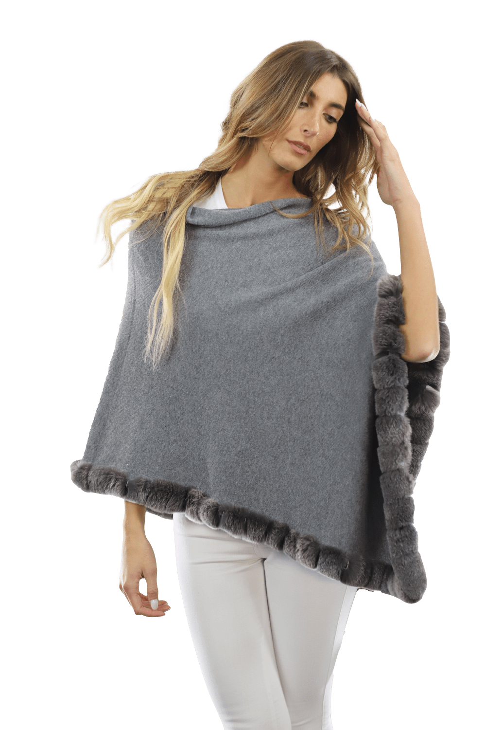 Poncho with Rex Rabbit Trim - Grey - Poncho - La Fiorentina B40-RF