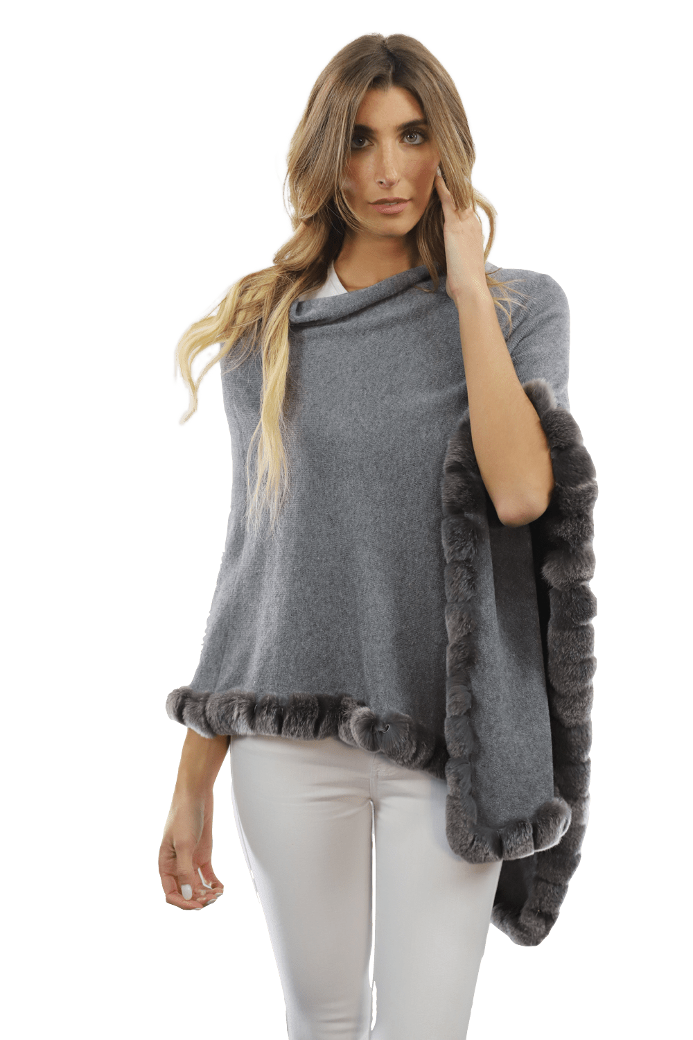 Poncho with Rex Rabbit Trim - Grey - Poncho - La Fiorentina B40-RF