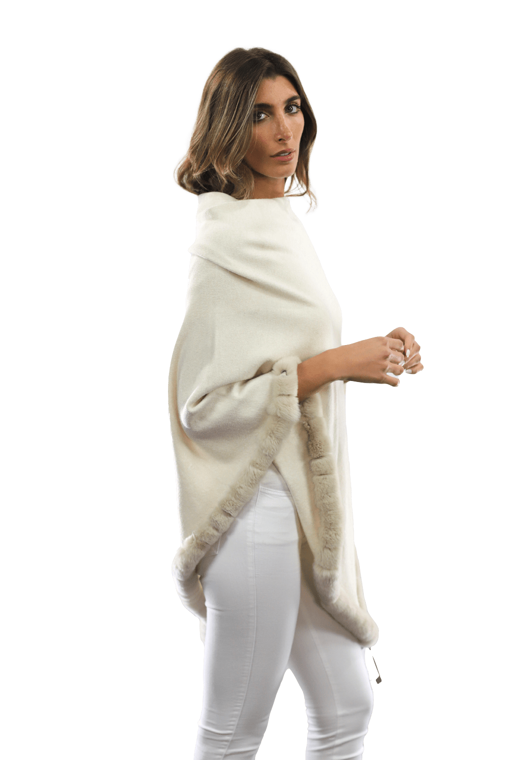 Poncho with Rex Rabbit Trim - Ivory - Poncho - La Fiorentina B40-RF