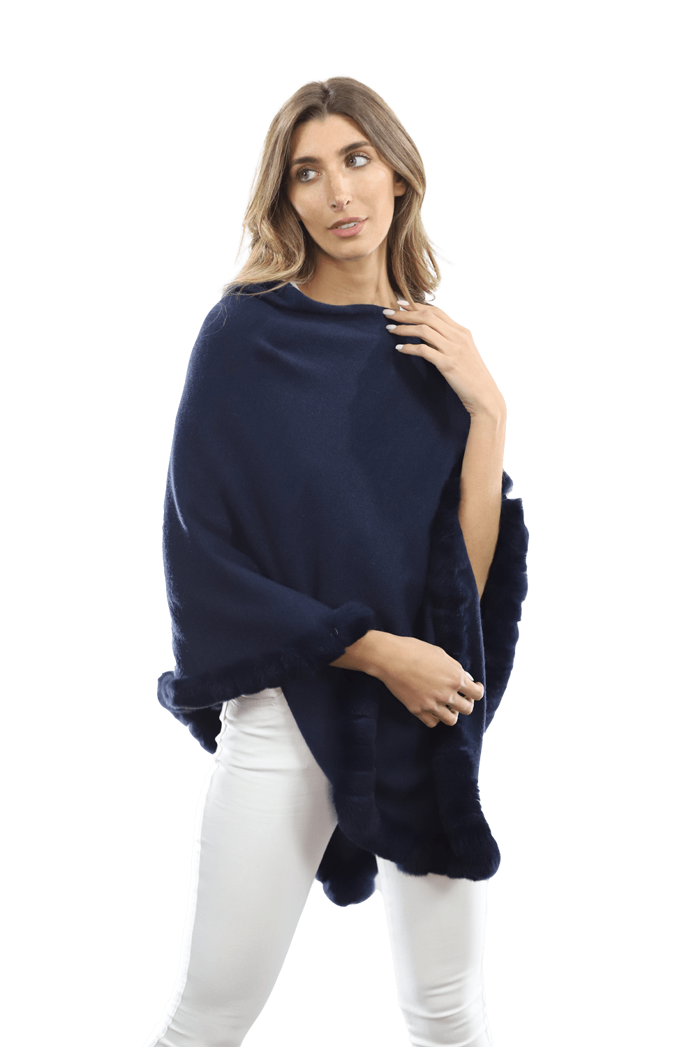 Poncho with Rex Rabbit Trim-Navy - Poncho - La Fiorentina B40-RF