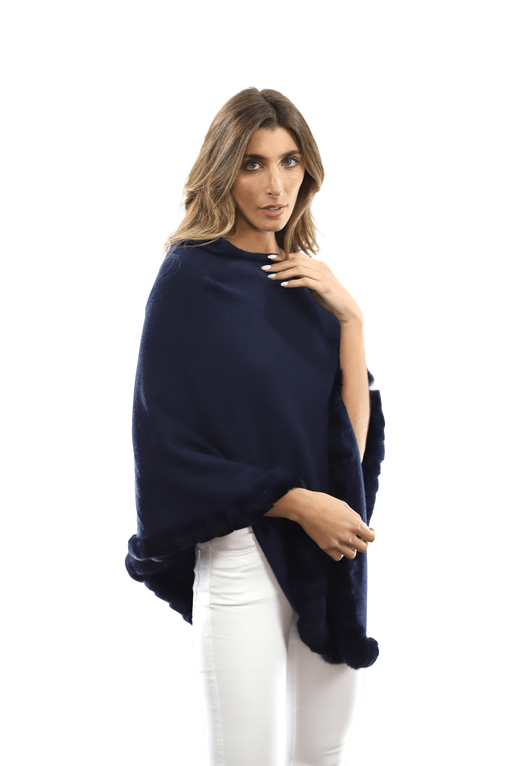 Poncho with Rex Rabbit Trim-Navy - Poncho - La Fiorentina B40-RF