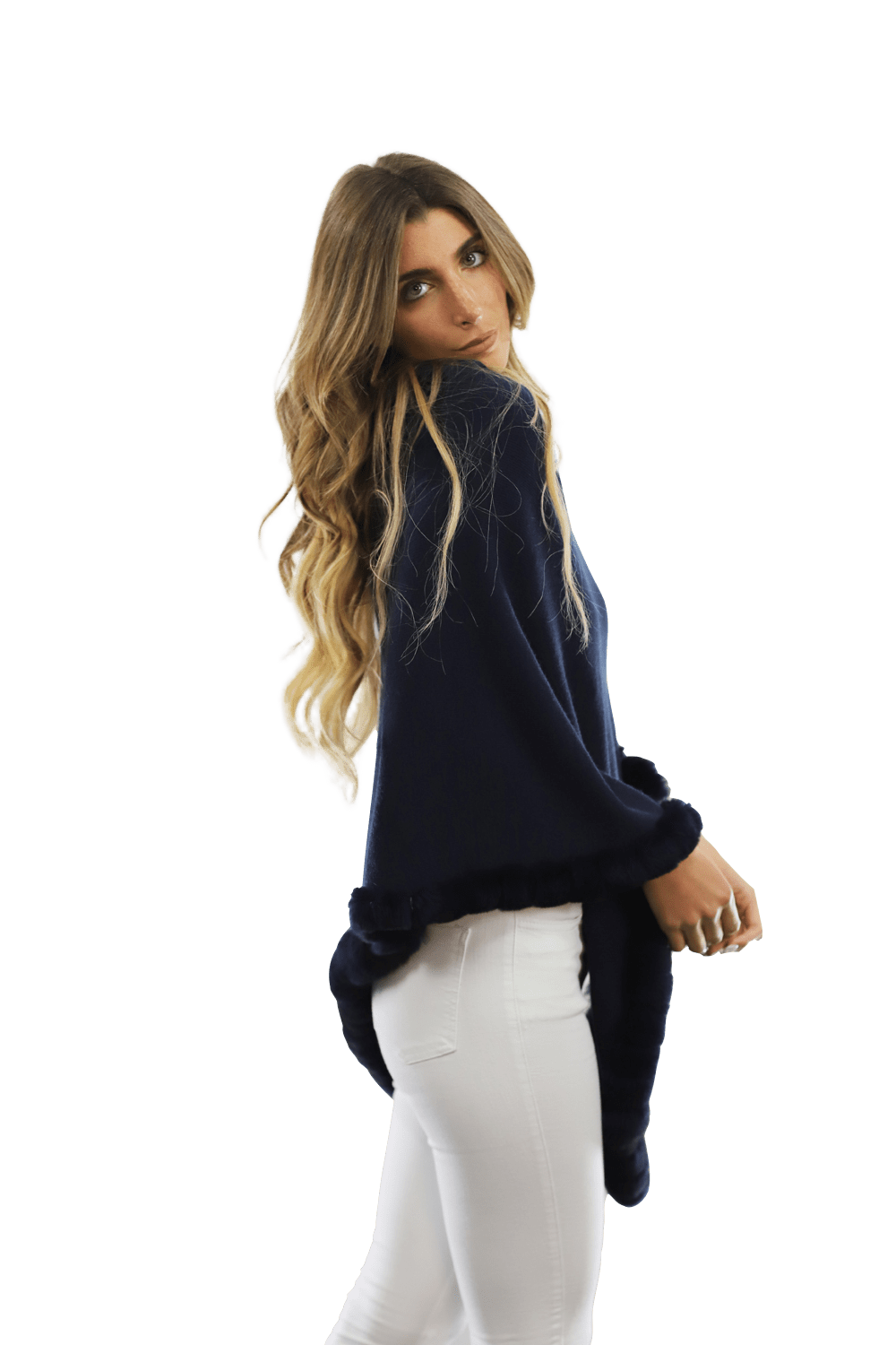 Poncho with Rex Rabbit Trim-Navy - Poncho - La Fiorentina B40-RF