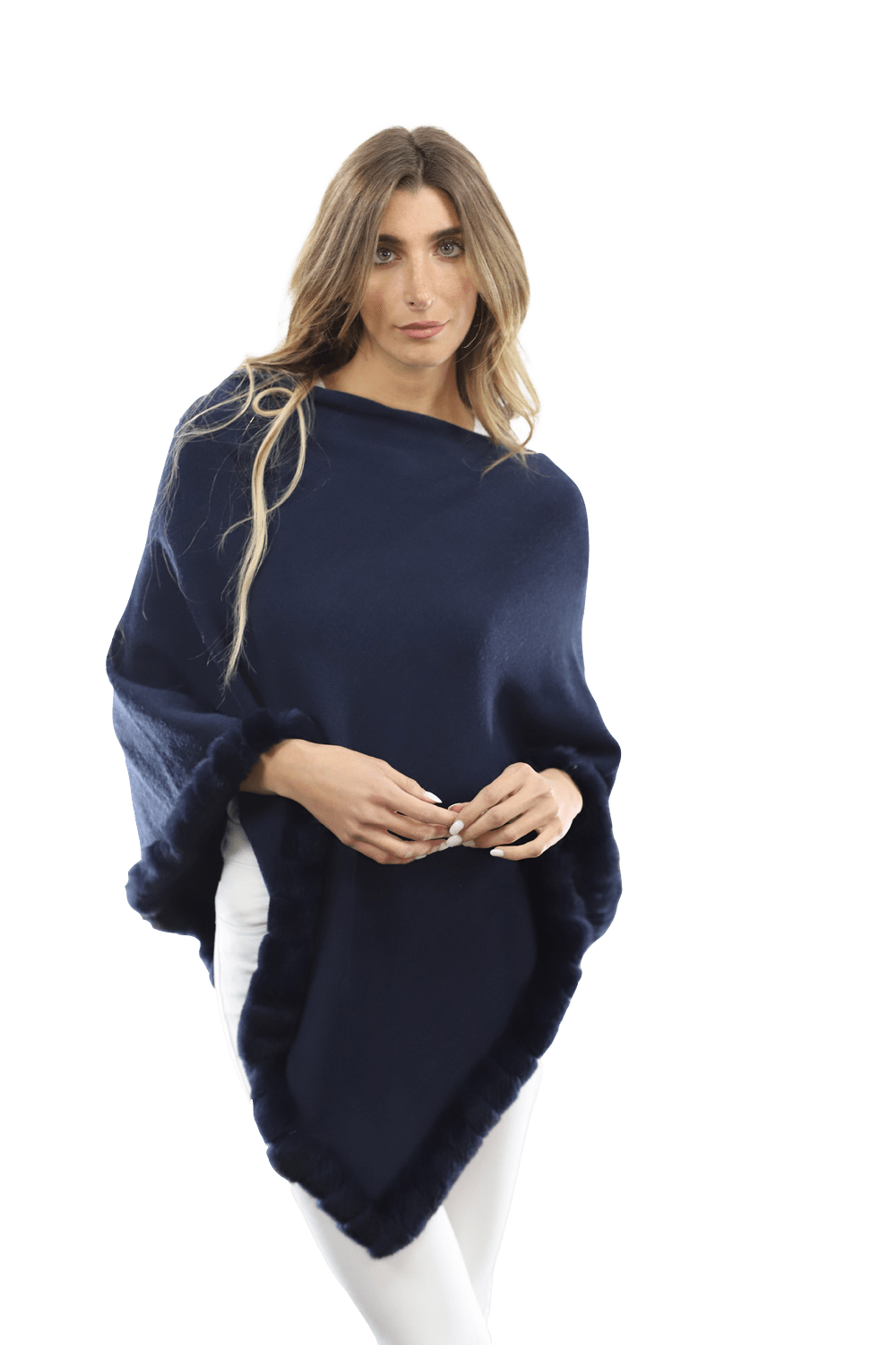 Poncho with Rex Rabbit Trim-Navy - Poncho - La Fiorentina B40-RF