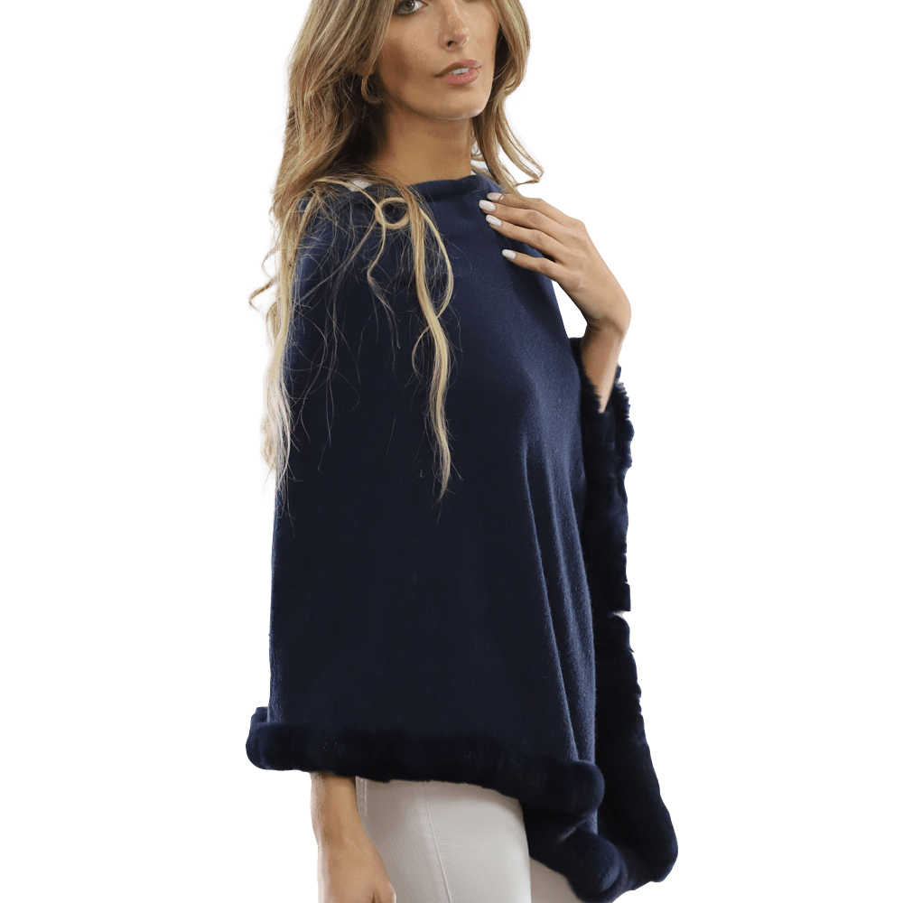 Poncho with Rex Rabbit Trim-Navy - Poncho - La Fiorentina B40-RF