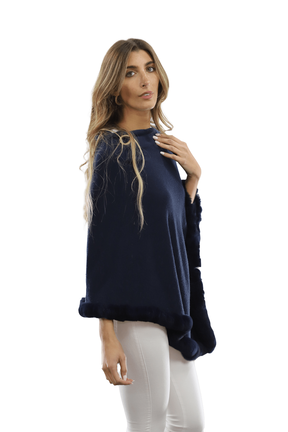 Poncho with Rex Rabbit Trim-Navy - Poncho - La Fiorentina B40-RF