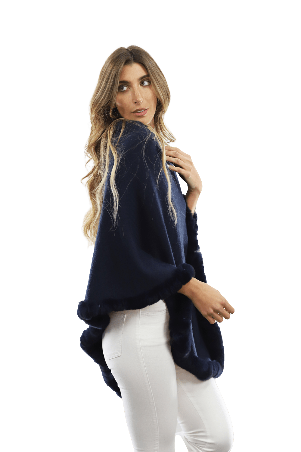 Poncho with Rex Rabbit Trim-Navy - Poncho - La Fiorentina B40-RF