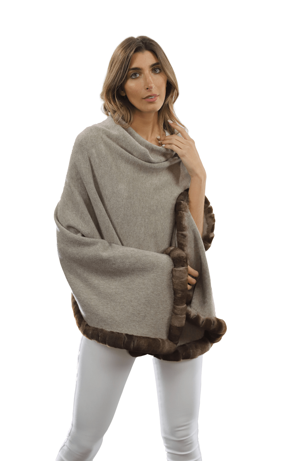 Poncho with Rex Rabbit Trim - Oatmeal - Poncho - La Fiorentina B40-RF