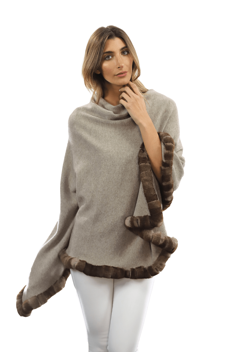 Poncho with Rex Rabbit Trim - Oatmeal - Poncho - La Fiorentina B40-RF