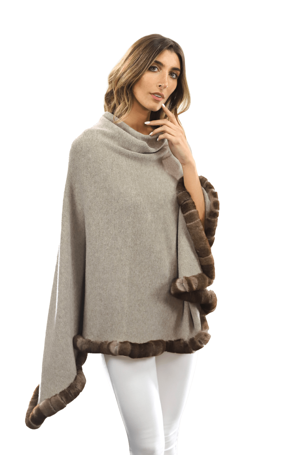 Poncho with Rex Rabbit Trim - Oatmeal - Poncho - La Fiorentina B40-RF