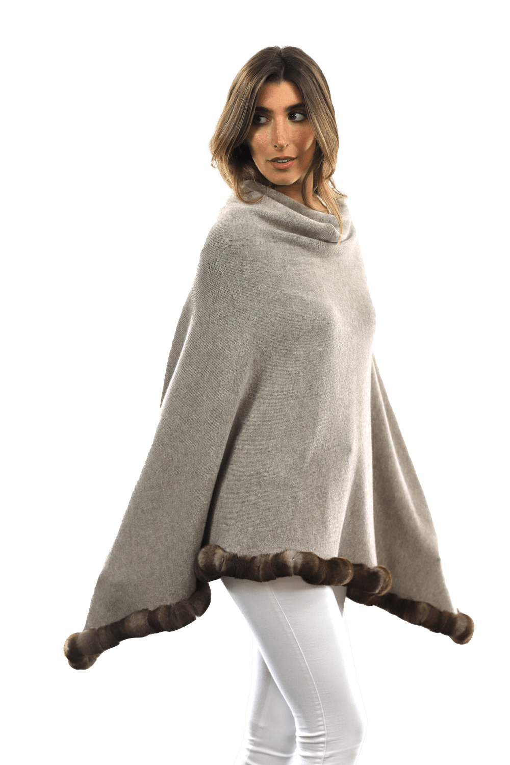 Poncho with Rex Rabbit Trim - Oatmeal - Poncho - La Fiorentina B40-RF