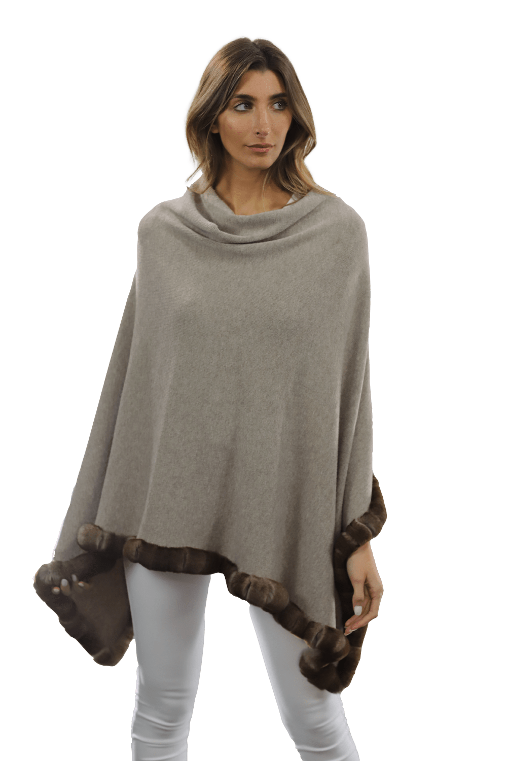 Poncho with Rex Rabbit Trim - Oatmeal - Poncho - La Fiorentina B40-RF
