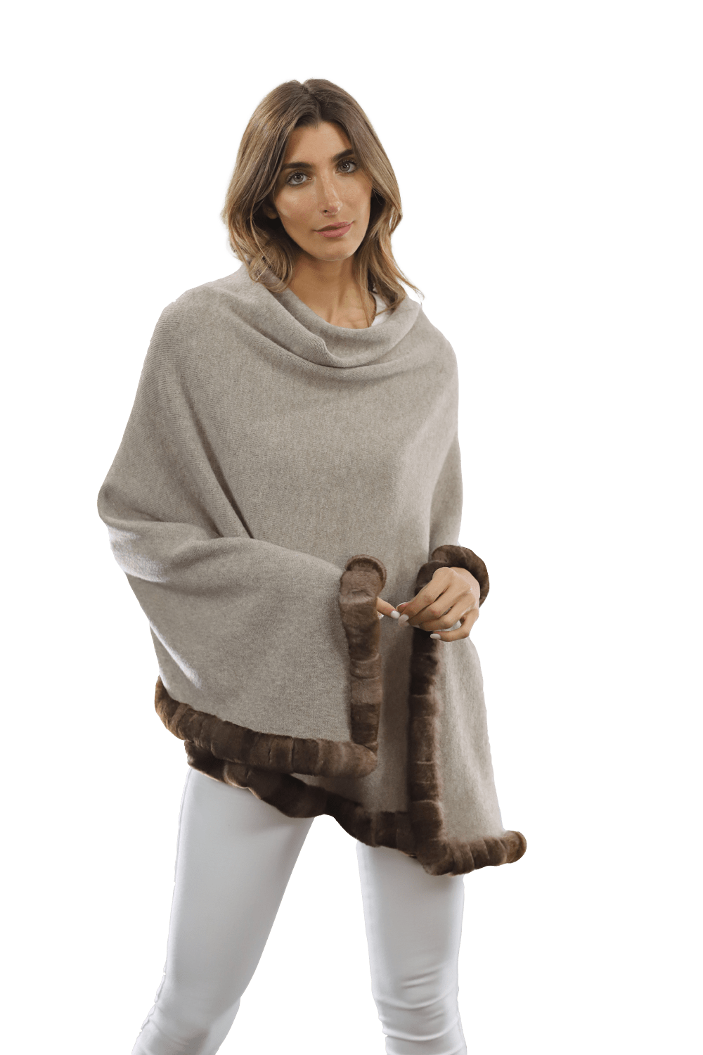 Poncho with Rex Rabbit Trim - Oatmeal - Poncho - La Fiorentina B40-RF