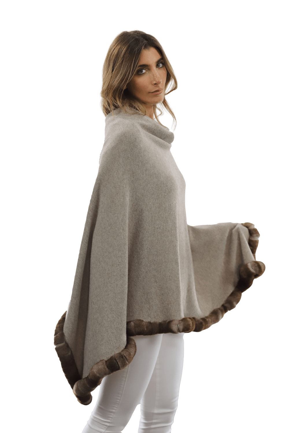 Poncho with Rex Rabbit Trim - Oatmeal - Poncho - La Fiorentina B40-RF